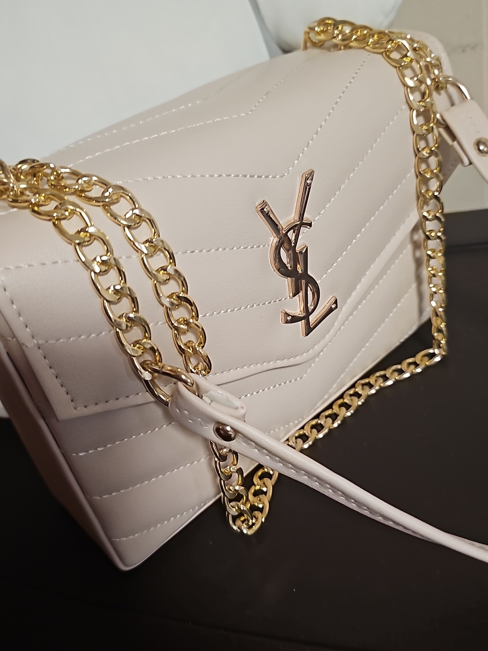 Yves Saint Laurent Cream Quilted Crossbody with Gold Chain